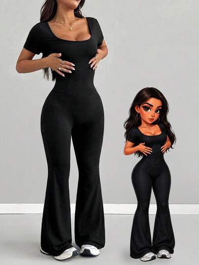 AITYI Studio Women's Jumpsuit, Spring/Summer Casual U-Neck Black Fashionable Sexy Comfortable Slim-Fit Versatile For Outdoor, Sports, Commute, Y2K, American Ins, Chic, Beach Party, Country Vacation, Festivals, Graduation, Mother's Day, Stretchy Knit Short Sleeve Flared Leg Jumpsuit, Well-Fitted