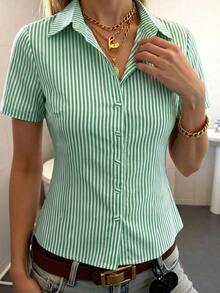 Blusa elegante para oficina con ajuste delgado, de manga corta, a rayas amarillas y blancas, estilo francés, para mujer - Verde 2 - Ver 8