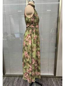 2026 Green Floral Maxi Dress With Enhanced Waist, Sophisticated Halter Long Dress For Women, Classic And Feminine Style - 金色 - 查看 3