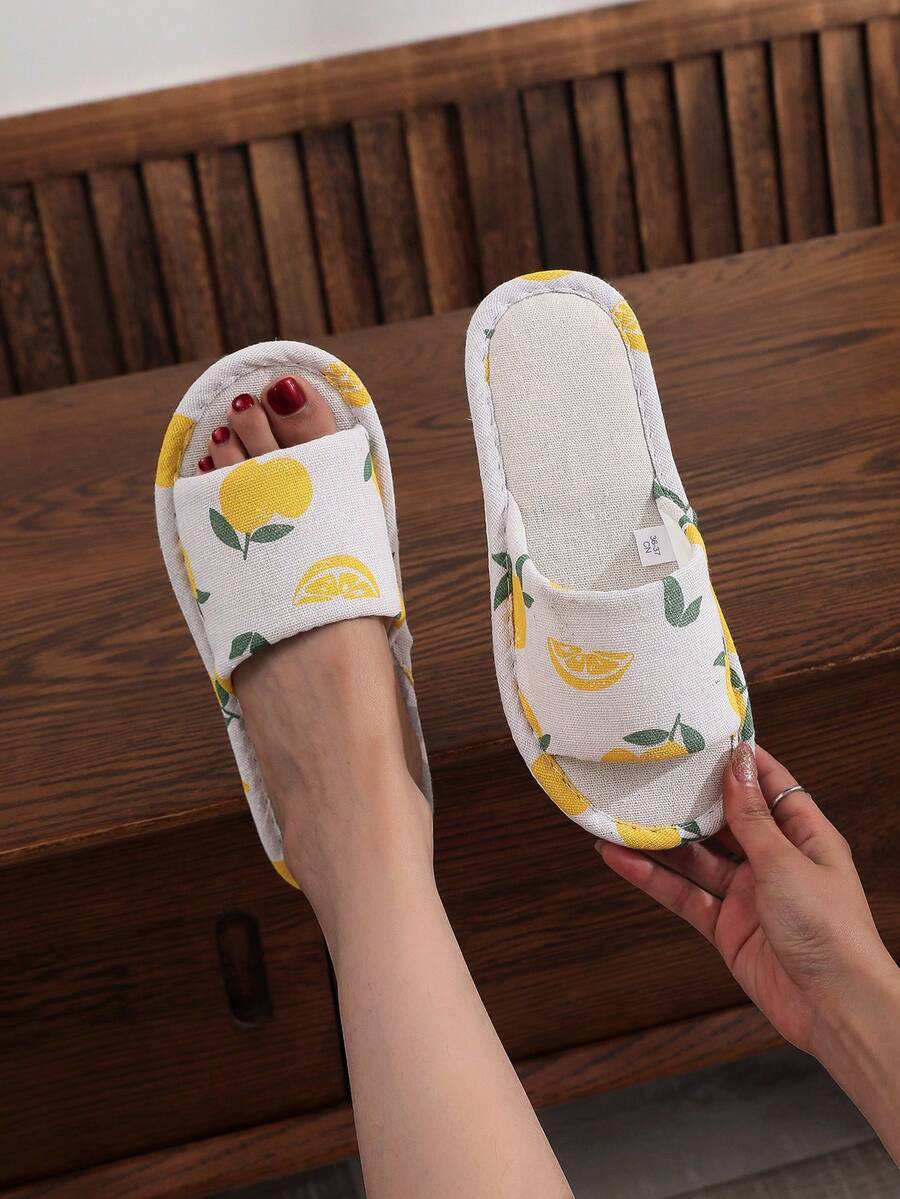 Cute Fruit Print Linen Slippers Women Breathable Anti-Slip Indoor House Slides - Orange - View 1
