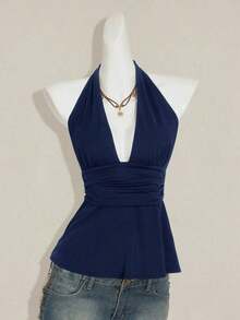 Top de tirantes sin espalda negro tipo babydoll para mujer, diseño de Halloween - Azul marino - Ver 4