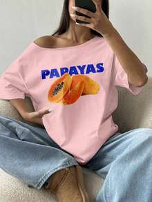 Camiseta holgada de manga corta con estampado de fruta de papaya y cuello asimétrico, color rosa - Rosa - Ver 3