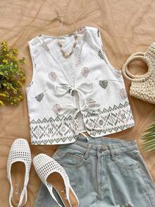 Top de tanque sin mangas de estampado tropical para mujer con cuello en V, frente atado y mangas acampanadas para vacaciones - Albaricoque 2 - Ver 8