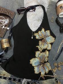 Top halter elegante y retro con bordados y lentejuelas para mujeres, perfecto para el verano.Estilo Y2K, diseño resistente, adecuado para uso diario, festivales de música, fiestas y vacaciones en la playa. - Multicolor 3 - Ver 4