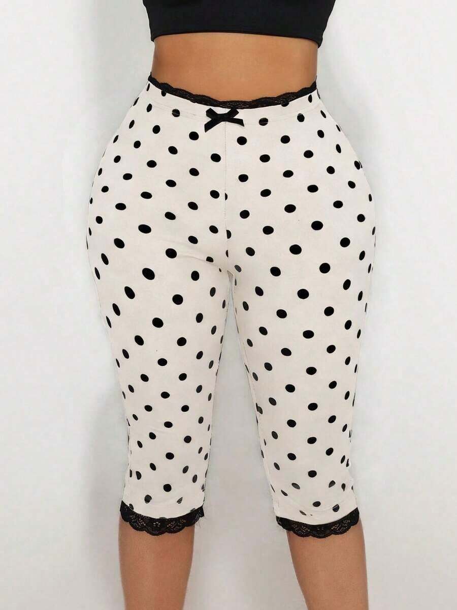 Women's Lace Trim Bow Decor Polka Dot Skinny Pants - 杏色 - 查看 1