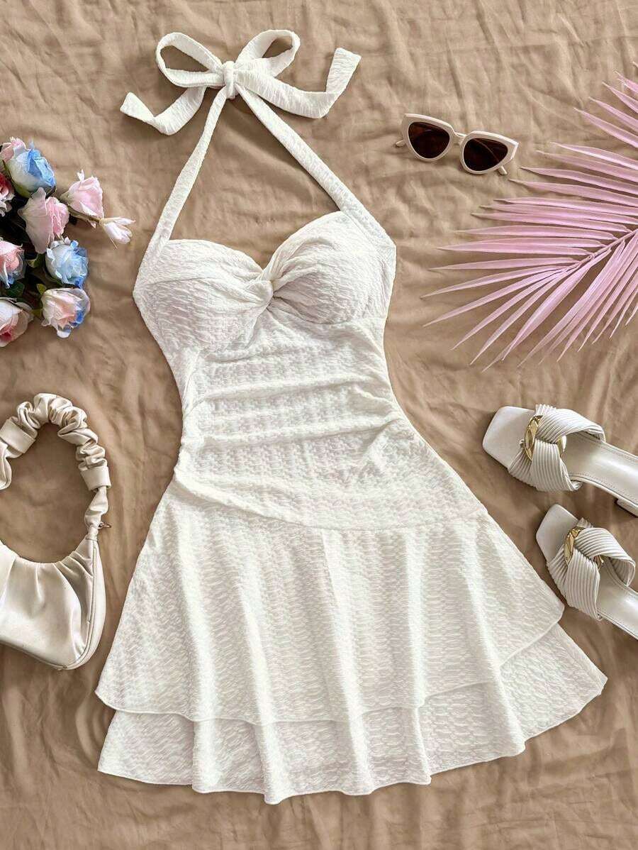 AVestido mini sexy con espalda descubierta, corbata en el cuello, dobladillo fruncido y doble capa, adecuado para fiestas, citas, San Valentín - Blanco 2 - Ver 1