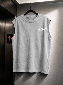 OVDY Unisex Vintage Street Heart Print Loose Fit Tank Top, Music Festival Sleeveless Shirt - Grey - View 3