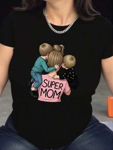 Camiseta de manga corta con estampado gráfico creativo de Super Mamá, para mujer, cómoda, transpirable, informal, deportiva, para el verano. - Negro - Ver 4