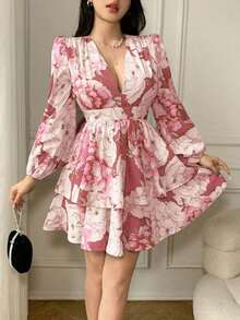 Vestido mini sexy de moda con estampado floral, cuello en V profundo y mangas farol para mujer - Rosa - Ver 5