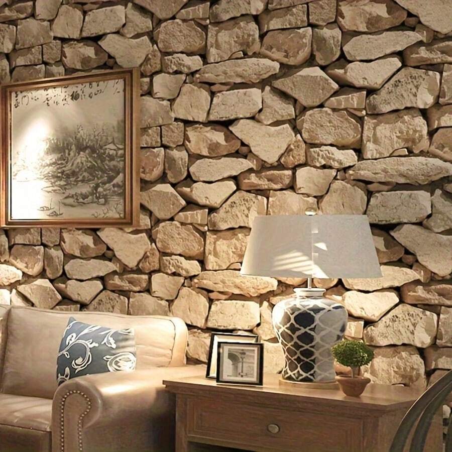 1 Roll Stone Pattern Removable Waterproof Vinyl Wallpaper, Easy To Apply And Peel, Brick & Wood Style, Suitable For Living Room, Kitchen, Bedroom Decor - A - View 1