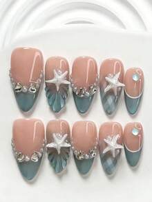 1package/10pcs-Ocean Pearl Starfish Press On Nails – Blue French Tip Beach Style Fake Nails With 3D Shell Charm & Pearl Rhinestone,Vacation Glossy Nails - Multicolor - View 3