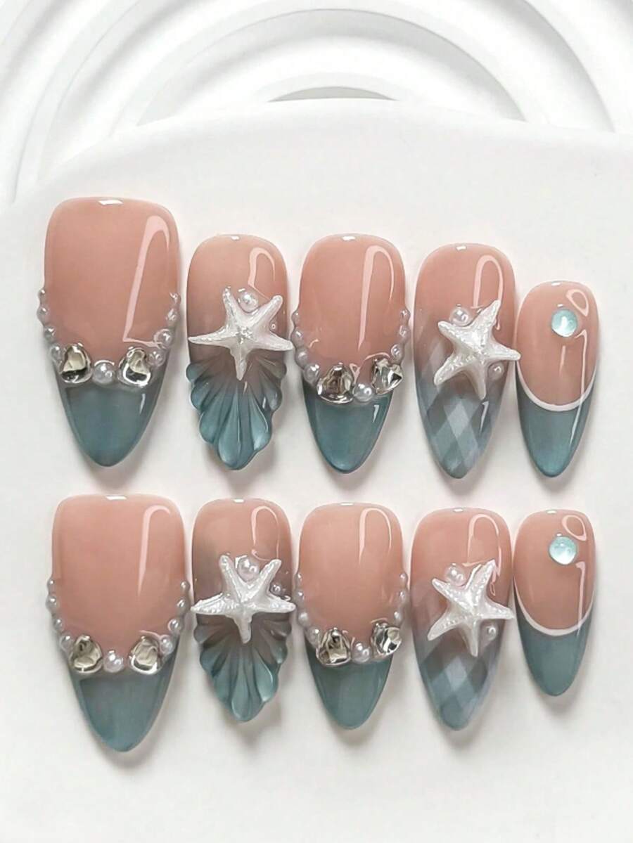 1package/10pcs-Ocean Pearl Starfish Press On Nails – Blue French Tip Beach Style Fake Nails With 3D Shell Charm & Pearl Rhinestone,Vacation Glossy Nails - Multicolor - View 1