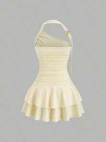 Nuevo estilo de vestido mini para mujer con falda acampanada, decoración de metal en espiral en el cuello halter y la cintura - Amarillo claro - Ver 2
