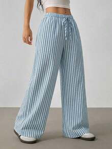 Pantalones casuales anchos de pierna ancha con cintura de corbata y rayas para mujer - Azul - Ver 10