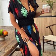 Clasi Plus Size Women Deep V-Neck Solid Short Sleeve Ruched Waist Sexy Vacation Dress - Multicolor - Ver 1