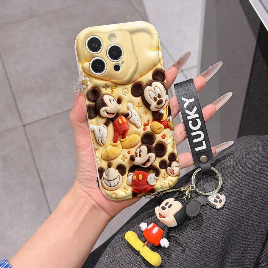 Disney Mickey Mouse Clubhouse Phone Case : 3D Fluffy Pattern Border Protector Phone Soft Phone Case With A Free Cute Mickey Bracelet Chain Lanyard, Mickey, Minnie, Goofy, Donald Duck, Daisy Duck, Pluto, For Apple 17 Promax 17 Pro 16 15 14 13 12 11 Pro Max XS Max X XR Soft Cover Summer Phone Case - 白色 - 查看 1