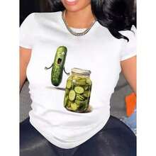 Camiseta Blanca de Mujer% Algodón de Corte Holgado con Estampado Gráfico de Pepinillos y Frascos de Pepinillos - Transpirable, Cuello Redondo, Manga Corta, para Uso Casual de Verano, Lavable aáquina, Camiseta Cómoda para el Día a Día |   Camiseta cómoda - Blanco - Ver 1