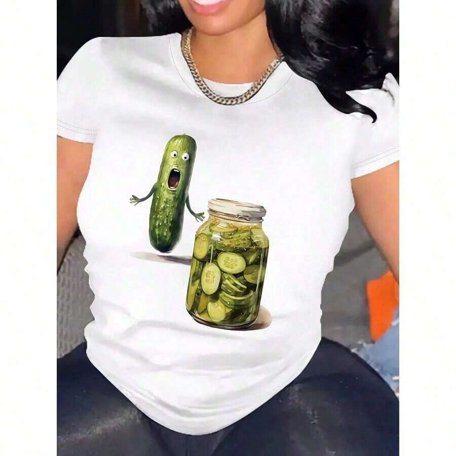 Camiseta Blanca de Mujer% Algodón de Corte Holgado con Estampado Gráfico de Pepinillos y Frascos de Pepinillos - Transpirable, Cuello Redondo, Manga Corta, para Uso Casual de Verano, Lavable aáquina, Camiseta Cómoda para el Día a Día |   Camiseta cómoda - Blanco - Ver 1