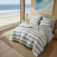 Fluffy 2/3/5/7 Pieces Stripe Textured Print Comforter Set, 200 Gsm Lightweight & Breathable Bedding Sets, All Season Home Textile Fits Modern Bedroom Decor, Halloween Christmas Thanks Giving Gifts - 灰色 - 查看 1