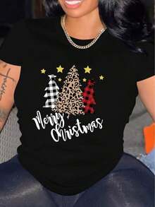 Camiseta de Verano para Mujer con Estampado de Feliz Navidad, con Estampado de Leopardo, Elementos a Cuadros, Árboles de Navidad y Patrones de Estrellas de Dibujos Animados, Manga Corta WTQ4427 - Negro - Ver 7