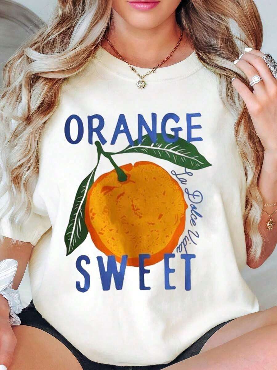 Camiseta Naranja con Estampado de Frutas Dulces, Top Casual de Verano para Mujer, 220g Transpirable y Cómoda - Blanco - Ver 1