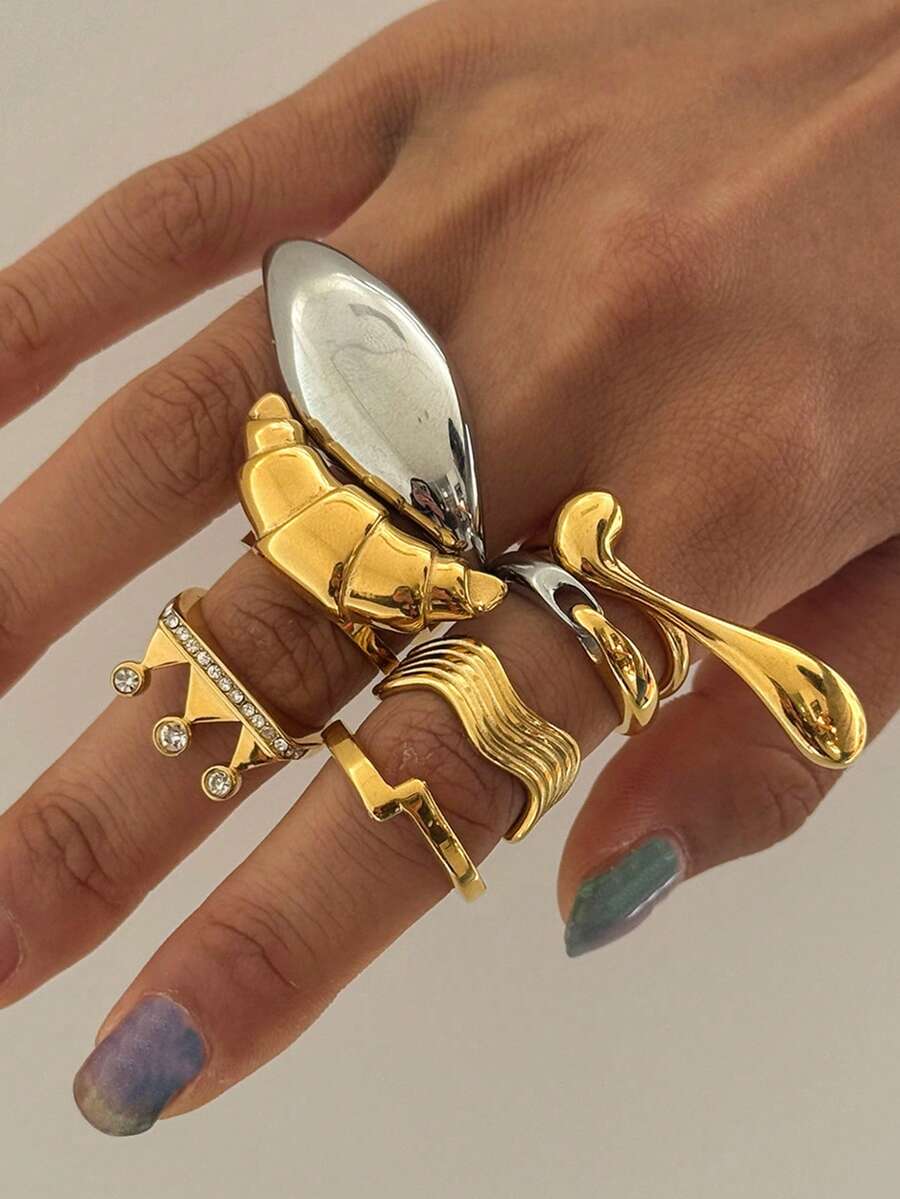 1 chiếc nhẫn thép không gỉ mạ vàng 18K, thiết kế tối giản, thanh lịch với các đường nét hình học. - Nhiều màu - Xem 1