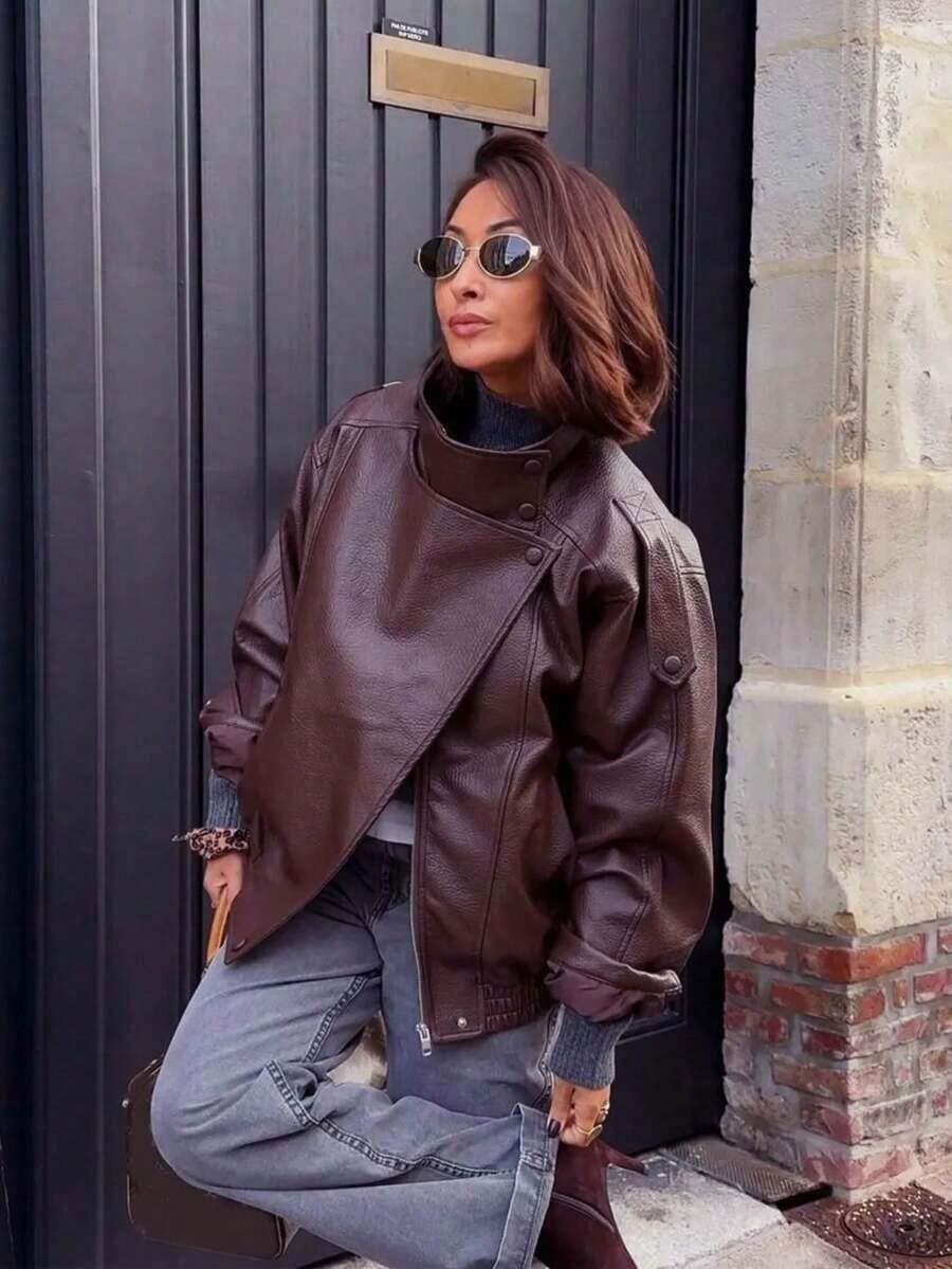 Chaqueta de mujer de piel sintética, de manga larga con bolsillos y cremallera, estilo retro de alta calle, nueva prenda exterior en color negro - Burdeos - Ver 1