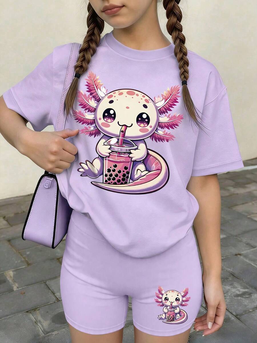 2er/Set Lässiges Outfit für Tween-Mädchen, süßes Bubble Tea Sechseck Dinosaurier Muster lockeres T-Shirt, kombiniert mit Capybara Biker Shorts, geeignet für den Sommer - Mauve - Übersicht 1