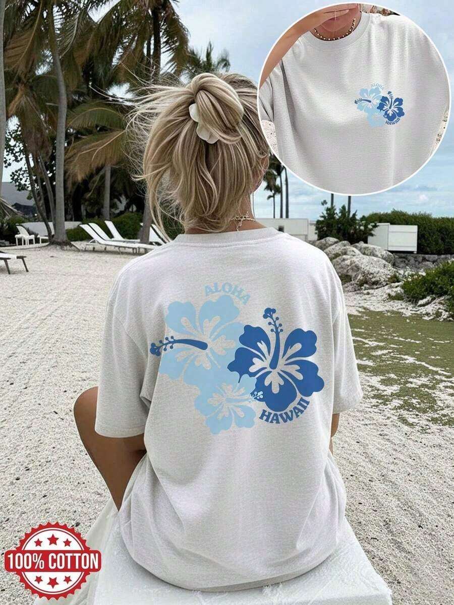 3 piezas, Nueva Colección de Verano 2026, [Estampado de Doble Cara] Camiseta Casual de Verano para Mujer, Estilo Fresco, Estampado de Flor de Hibisco ALOHA HAWAII, Manga Corta, Cuello Redondo, Hombros Caídos, Talla [LangK]% Algodón, Tallas S–7XL | Moda Urbana Local de Primavera/Verano | | Uso Casual Diario Primavera Verano Moderno Moldeador | Conjunto de verano para mujer, ropa de vacaciones | Blusas elegantes para mujer, ropa de primavera, blusas de verano. - Blanco - Ver 1