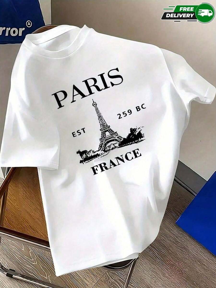 Camiseta de manga corta para mujer con estampado de Torre Eiffel, cuello redondo, de poliéster, apta para uso diario, salidas casuales, fin de semana y vacaciones, estilo urbano casual, ideal para primavera y verano, envío gratis en México. - Blanco - Ver 1
