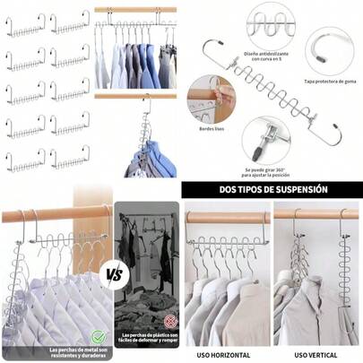 KIROTLA Perchas Mágicas Gancho para Ropa De Acero Inoxidable - 6 Orificios y Cabeza Giratoria Ranuras Diseño de Perchas Ganchos Organizador Multifuncionales de Ropa Múltiple Ahorra Espacio 10pcs