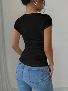 Raffinéa Camiseta ajustado de moda con mangas raglan, cuello en U, cintura fruncida, elástica, blanca, para primavera/verano, para mujeres - Negro - Ver 2