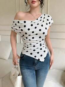 Camiseta asimétrica de mujer elegante con estampado de lunares, para verano - Blanco - Ver 1