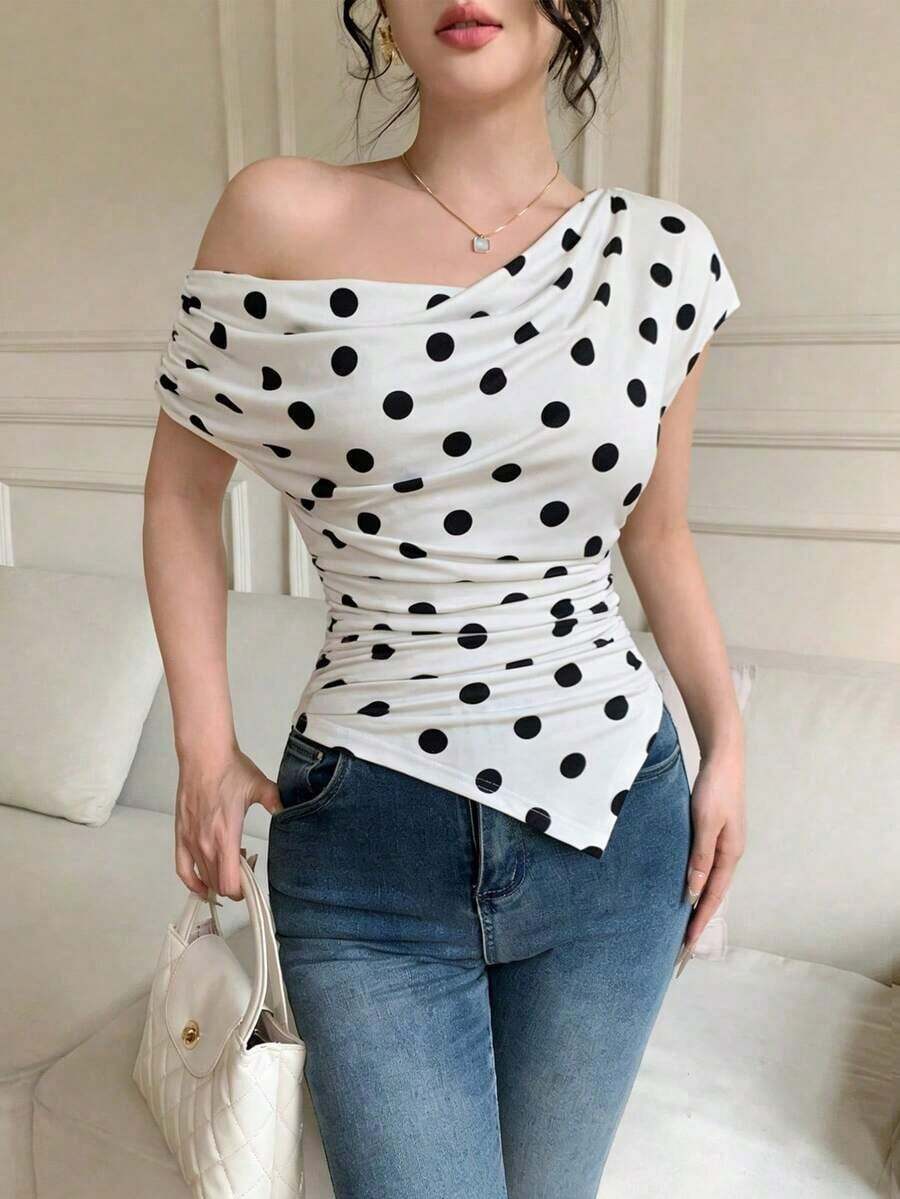 Camiseta asimétrica de mujer elegante con estampado de lunares, para verano - Blanco - Ver 1