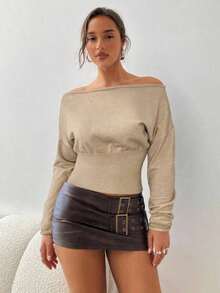 marrón de mujer de manga larga, cuello asimétrico y hombros descubiertos, de punto ajustado, - Caqui - Ver 3