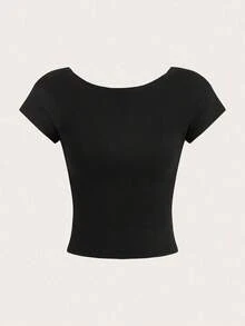 Camiseta ajustada de mujer con hombros descubiertos, manga corta y espalda descubierta, en colores lisos y seductores, apta para el verano - Negro - Ver 3