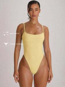 Traje de baño con cuello recto, tirantes y corte alto en la pierna, tipo cheeky.Traje de baño básico unicolor para vacaciones, verano y viajes a la playa. - Amarillo claro - Ver 6