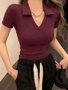 Camiseta polo de manga corta de ajuste ceñido para mujer, unicolor de verano - Burdeos - Ver 2