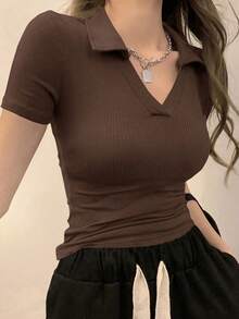 Camiseta polo de manga corta de ajuste ceñido y unicolor para mujer, casual de verano - Marrón - Ver 5