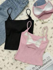 Paquete de 2 tops de camiseta acanalada con sujetador acolchado incorporado - Rosa y Negro/Lunares blancos, tops versátiles casuales para verano y uso en todas las estaciones, estilos suaves y limpios para chica, perfectos para el hogar, la escuela - Negro 8 - Ver 6