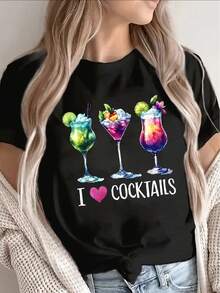 Camiseta de algodón 100% suave, de manga corta, con un estampado de 'I Love Cocktails', ideal para salidas informales en bares, ligera y resistente, adecuada tanto para el hogar como para restaurantes, con un vibrante motivo de cócteles, diseñada para un ajuste cómodo para adultos. Camiseta de algodón transpirable, combina con todo. - Negro - Ver 8