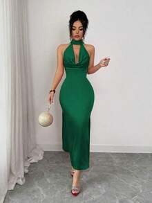 MEXElenzga Vestido de satén con cuello alto y espalda descubierta con lazo sexy para mujerMEX 3QKF - Verde Oscuro - Ver 2
