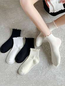 6 Pairs Japanese Style Frill Trim Short Socks, Cute Fresh Wood Frill Trim Women's Socks - Multicolor - View 2