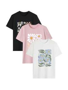 Set Of 1 Women's Round Neck Short Sleeve T-Shirts With Minimalist Daisy Print, Versatile Fashion, Suitable For Daily Wear, Holidays And Casual Spring And Summer Leisure - 黑色 - 查看 3