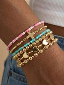 5 peças/Conjunto Pulseira de Contas Redondas de Pérola Turquesa em Cruz de Verão para Mulheres, Pulseira de Argila Simples para Mulheres, Conjunto de Pulseira de Contas Douradas Empilháveis Simples para Mulheres - Colorida - Visão 2