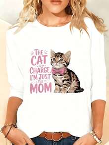 Plus Size Women's Long Sleeve T-Shirt With Cat And Paw Print - Comfortable Round Neck Blouse Suitable For Curvy Women, For Daily Wear In Spring/Autumn, Machine Washable, Casual Blouse For Women (Cat Themed Clothing). - 白色 - 查看 8