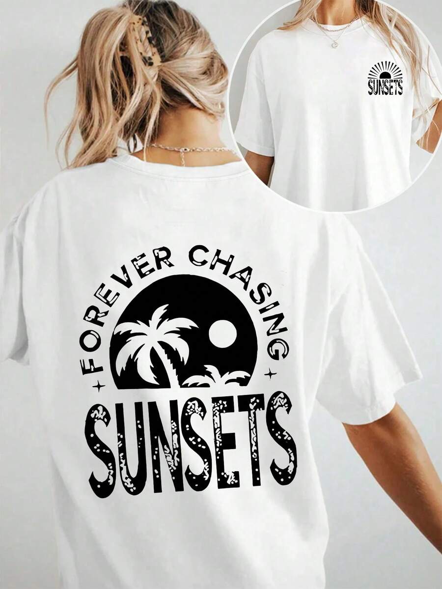 Women's Oversized White T-Shirt With "Forever Chasing Sunsets" Back Print And Yin-Yang Palm Design - Casual Short Sleeve Crew Neck Beach Style Top, Inspired By Hawaiian Shirts, Loose Surf Blouse, Y2k T-Shirt - 白色 - 查看 1