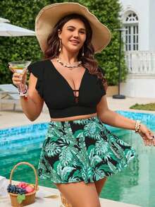 Swim Lushoire Conjunto de traje de baño de 2 piezas para mujeres talla grande, estampado de hojas tropicales con hombros descubiertos y cintura alta estilizante, elegante tankini para vacaciones - Negro - Ver 3