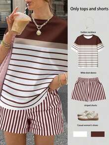Conjunto informal de 2 piezas de camiseta de manga corta de cuello redondo a rayas y pantalones cortos para mujer - Burdeos - Ver 5