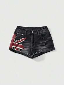 Grunge Punk Shorts vaqueros de cintura baja con estampado de bandera nacional de estilo vintage Y2K sexy para mujeres, para conciertos y festivales de verano - Negro - Ver 1